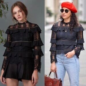 KEEPSAKE the Label Black Lace Elegant Formal Evening Party Ruffle Top Sz S